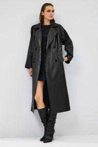 کت چرم بلند یقه دو سینه مشکی زنانه نیکول دری مد