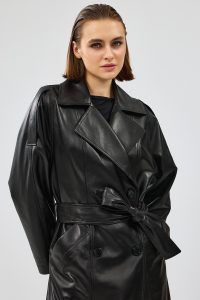 کت چرم بلند یقه دو سینه مشکی زنانه نیکول دری مد