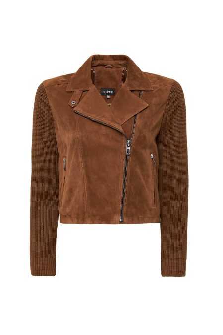 کت چرم جیر یقه دو سینه قهوه ای زنانه Marcy دری مد