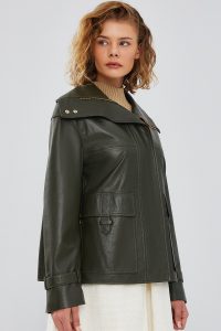 کت چرم زنانه اورسایز سبز سیمونا دری مد