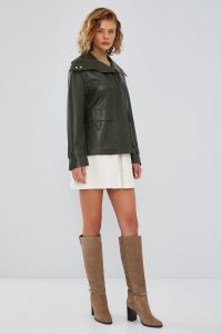 کت چرم زنانه اورسایز سبز سیمونا دری مد