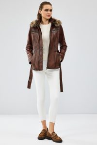 کت چرم زنانه ربکا کلاه دار قهوه ای دری مد