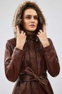 کت چرم زنانه ربکا کلاه دار قهوه ای دری مد