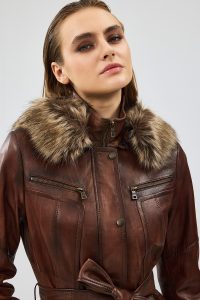 کت چرم زنانه ربکا کلاه دار قهوه ای دری مد