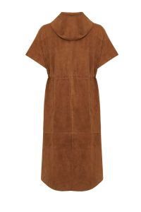 کت چرم زنانه قهوه‌ای کلاه‌دار جیر یقه‌دار بلند Miranda دری مد