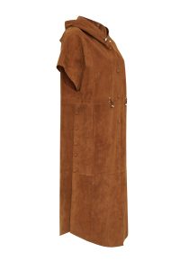 کت چرم زنانه قهوه‌ای کلاه‌دار جیر یقه‌دار بلند Miranda دری مد