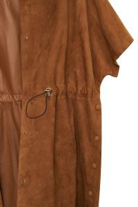 کت چرم زنانه قهوه‌ای کلاه‌دار جیر یقه‌دار بلند Miranda دری مد