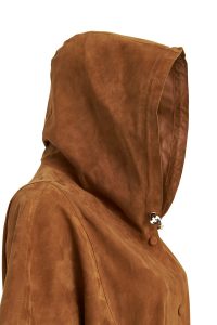 کت چرم زنانه قهوه‌ای کلاه‌دار جیر یقه‌دار بلند Miranda دری مد