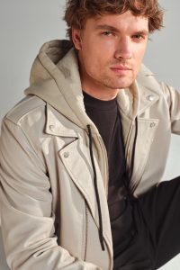 کت چرم موتورسواری کلاهدار بژ مردانه باتلر دری مد