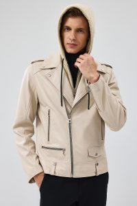 کت چرم موتورسواری کلاهدار بژ مردانه باتلر دری مد