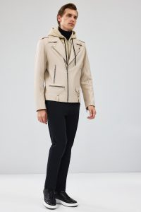 کت چرم موتورسواری کلاهدار بژ مردانه باتلر دری مد