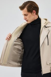 کت چرم موتورسواری کلاهدار بژ مردانه باتلر دری مد