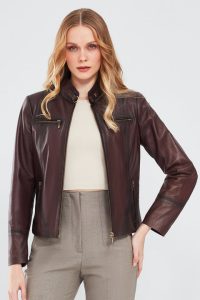 کت چرم کوتاه بورگوندی زنانه آلیسیا دری مد