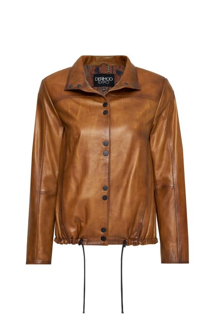 کت چرم یقه استند قهوه ای زنانه لوپز دری مد