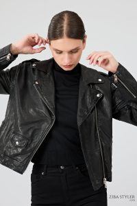 کت چرم یقه دو سینه مشکی زنانه بلوندی دری مد