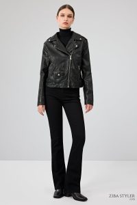 کت چرم یقه دو سینه مشکی زنانه بلوندی دری مد