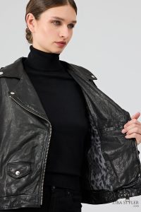 کت چرم یقه دو سینه مشکی زنانه بلوندی دری مد