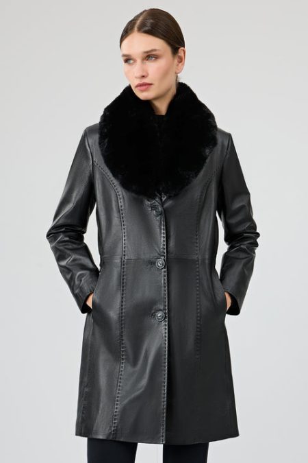 کت چرمی بلند خز مشکی زنانه کریستینا دری مد