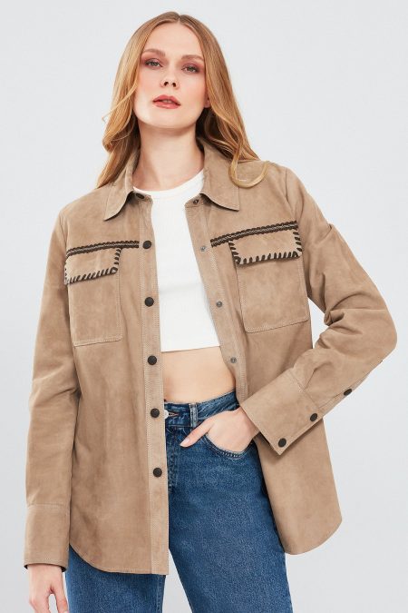 کت چرمی زنانه بژ مدل پیراهنی جیر Amalfi دری مد