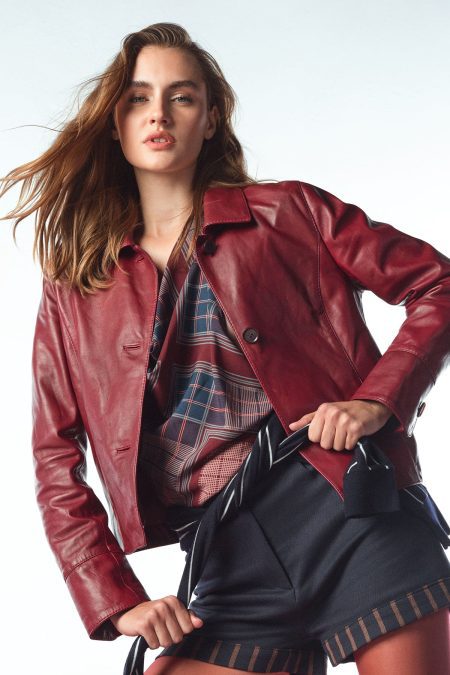 کت چرمی زنانه زرشکی کوتاه یقه پیراهنی Beatrix دری مد