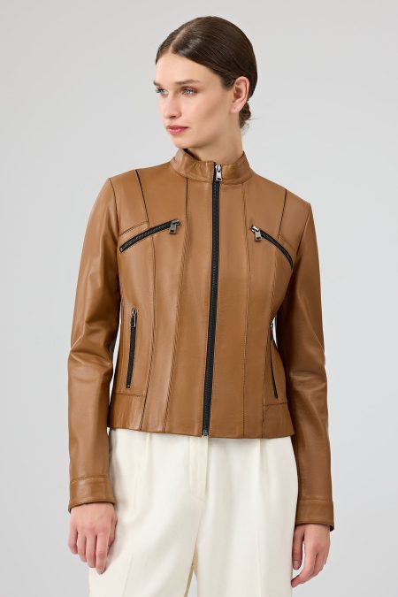 کت چرمی زنانه شتری کوتاه Linda دری مد