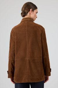 کت چرمی زنانه قهوه‌ای اورسایز جیر یقه پیراهنی Petra دری مد