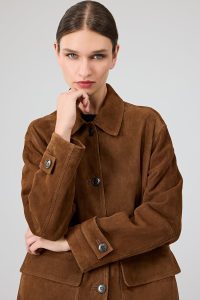 کت چرمی زنانه قهوه‌ای اورسایز جیر یقه پیراهنی Petra دری مد