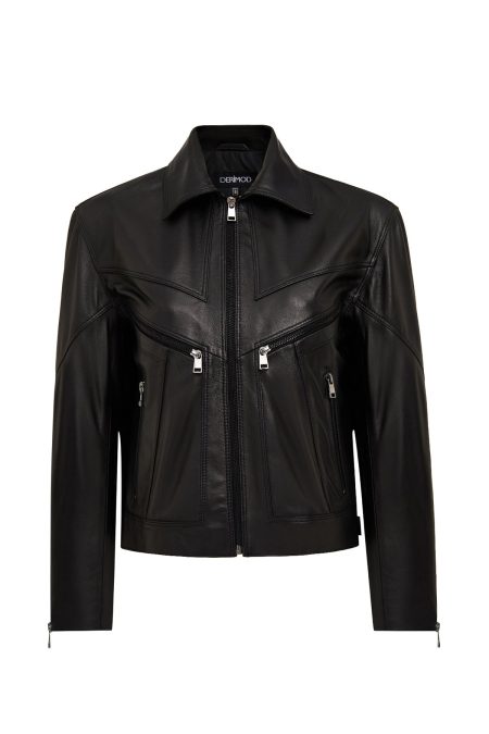 کت چرمی زنانه مشکی کوتاه اورسایز یقه پیراهنی Vanessa دری مد