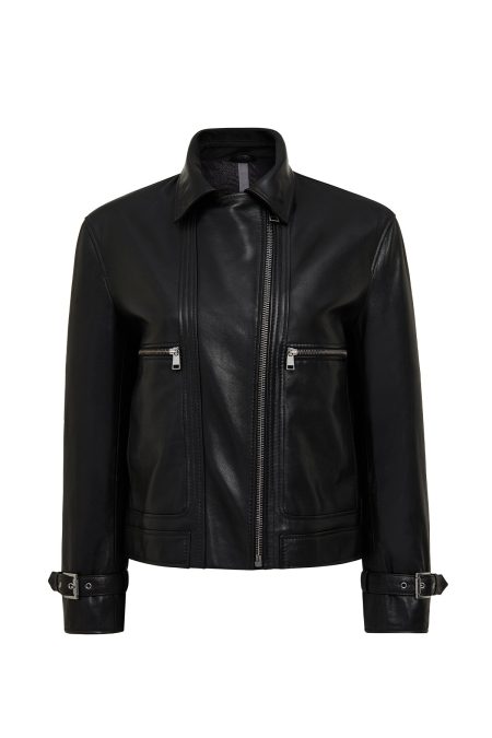 کت چرمی زنانه مشکی کوتاه کراپ اورسایز یقه کراس Paloma دری مد