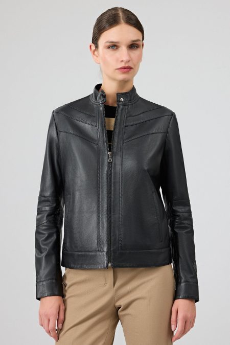 کت چرمی زنانه مشکی یقه ایستاده Tina دری مد