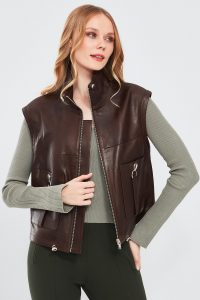 کت چرمی قهوه ای زنانه Edwina با آستین های جداشدنی دری مد