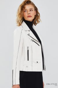 کت چرمی موتورسواری اسلیم فیت زنانه سفید زنانه بلا دری مد