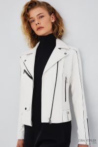کت چرمی موتورسواری اسلیم فیت زنانه سفید زنانه بلا دری مد
