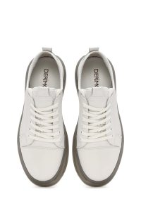 کتونی مردانه چرم سفید زیره ضخیم بنددار دری مد