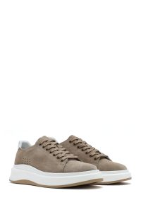 کتونی مردانه چرم نوبوک بژ بنددار زیره ضخیم دری مد