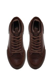 کتونی مردانه چرمی قهوه‌ای بندی با زیره ضخیم دری مد