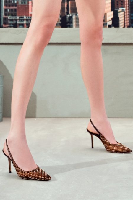 کفش زنانه برنزی چرم نگین‌دار پاشنه نازک پشت باز دری مد