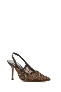 کفش زنانه برنزی چرم نگین‌دار پاشنه نازک پشت باز دری مد