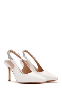 کفش زنانه سفید نگین‌دار پاشنه نازک پشت باز دری مد