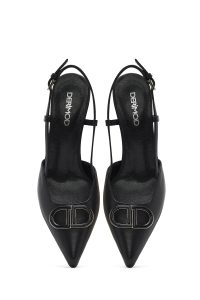 کفش زنانه مشکی چرم پاشنه نازک پشت باز بنددار دری مد