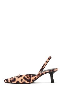 کفش زنانه پلنگی پاشنه نازک کوتاه پشت باز دری مد