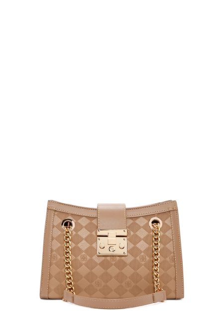 کیف زنانه دوشی قهوه‌ای بند بلند چاپ‌دار دری مد