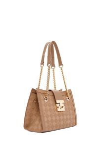 کیف زنانه دوشی قهوه‌ای بند بلند چاپ‌دار دری مد