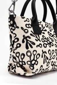 کیف زنانه مینی دستی پارچه‌ای طرح‌دار مشکی چاپ سنگی Kastamonu بند بلند دری مد