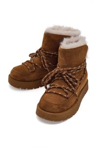 بوت تدی جیر زنانه قهوه‌ای بنددار لژدار دری مد