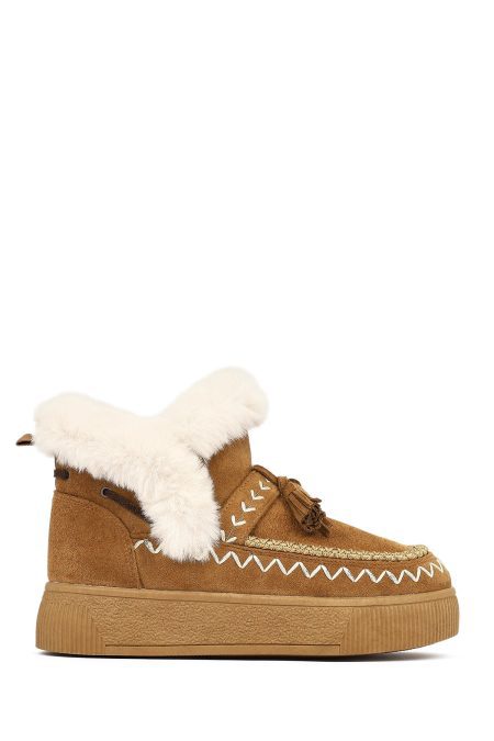 بوت تدی جیر زنانه قهوه‌ای منگوله‌دار لژدار دری مد