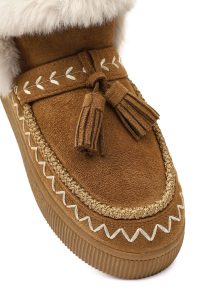 بوت تدی جیر زنانه قهوه‌ای منگوله‌دار لژدار دری مد