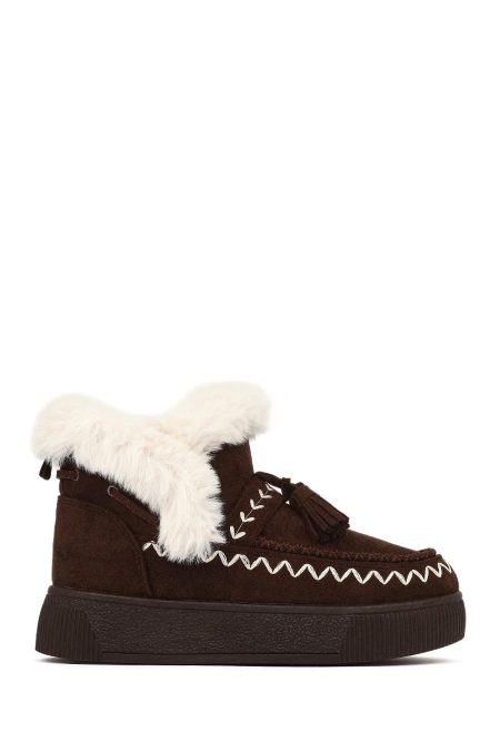 بوت تدی جیر زنانه قهوه‌ای منگوله‌دار لژدار دری مد