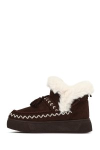 بوت تدی جیر زنانه قهوه‌ای منگوله‌دار لژدار دری مد