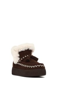 بوت تدی جیر زنانه قهوه‌ای منگوله‌دار لژدار دری مد